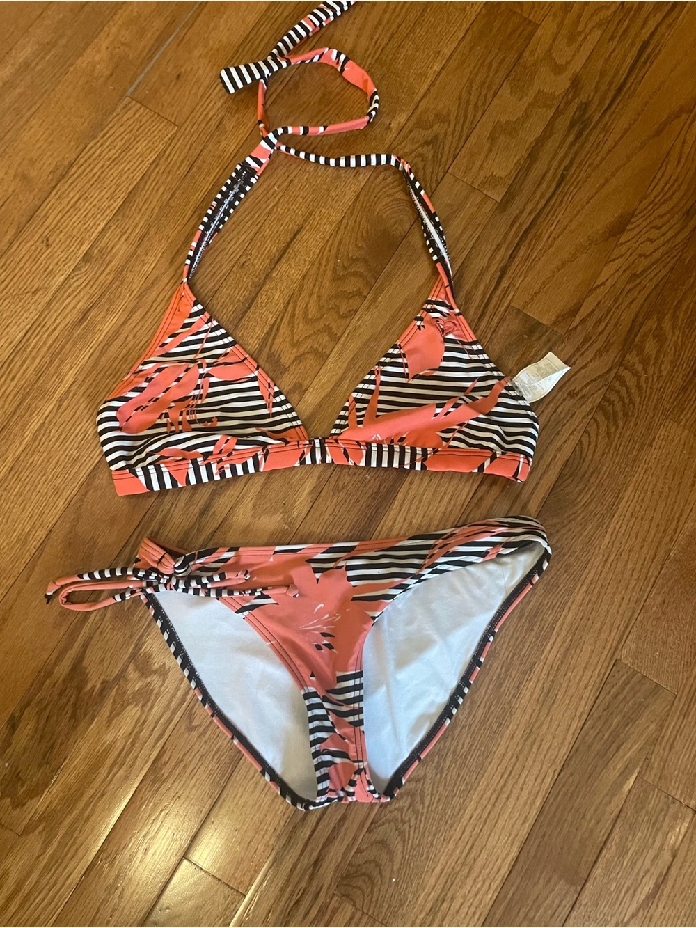 Vintage Y2K Roxy Black & White Striped Bikini Floral Size Large